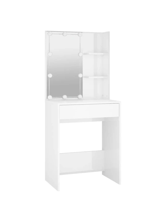 Kosmetinis staliukas su LED, baltas, 60x40x140cm, blizgus