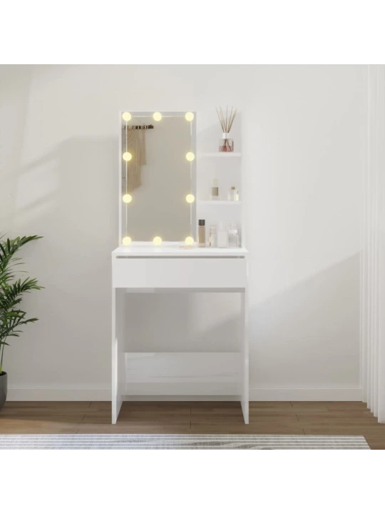 Kosmetinis staliukas su LED, baltas, 60x40x140cm, blizgus