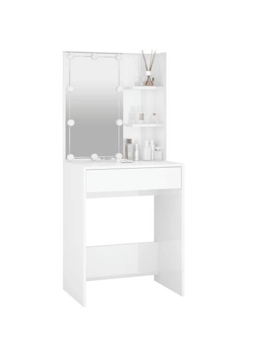 Kosmetinis staliukas su LED, baltas, 60x40x140cm, blizgus