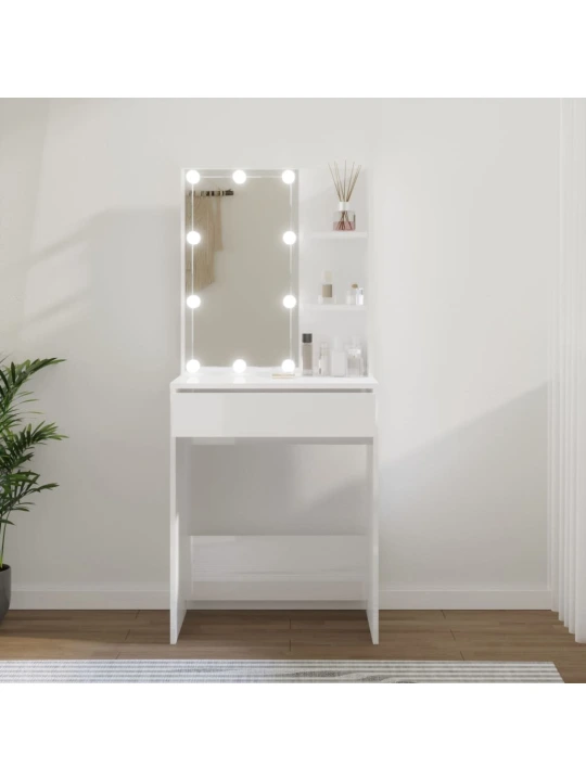 Kosmetinis staliukas su LED, baltas, 60x40x140cm, blizgus