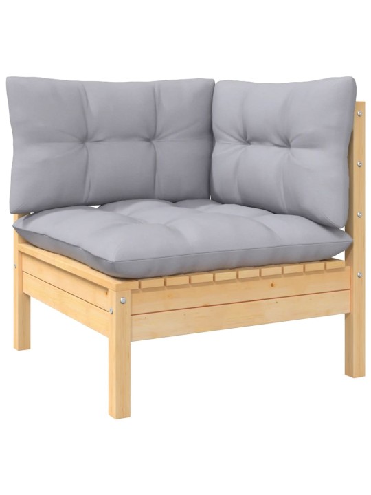 Kampinė sodo sofa su pilkomis pagalvėlėmis, pušies masyvas