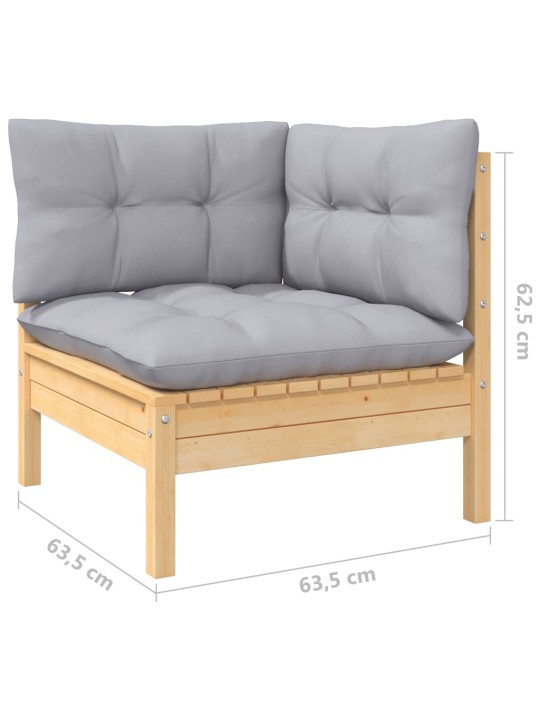 Kampinė sodo sofa su pilkomis pagalvėlėmis, pušies masyvas