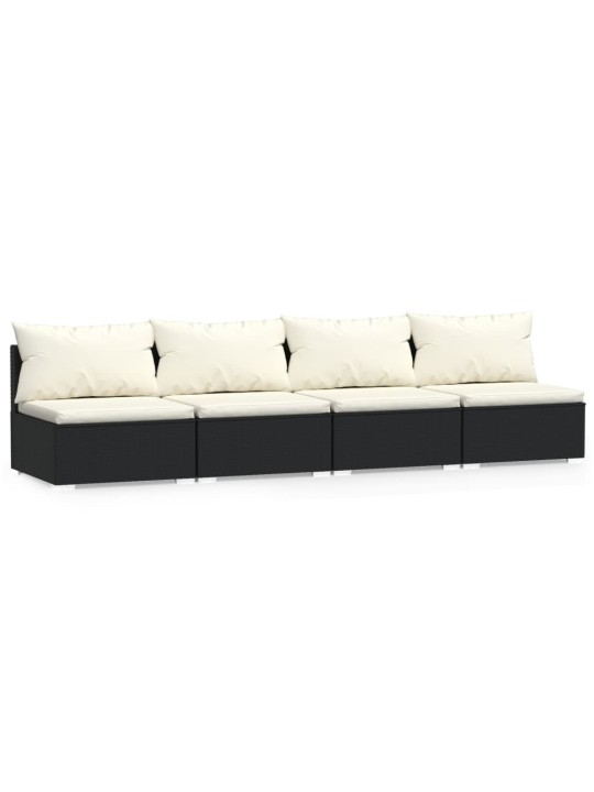 Keturvietė sofa su pagalvėlėmis, juodos spalvos, poliratanas