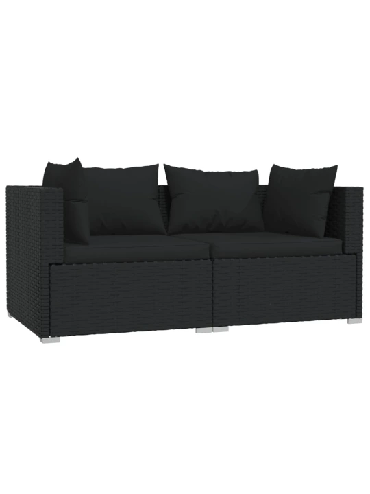 Dvivietė sofa su pagalvėlėmis, juodos spalvos, poliratanas