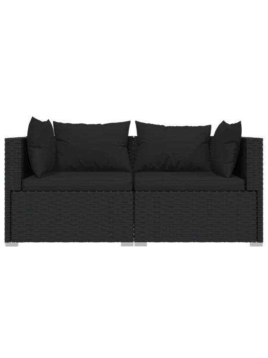 Dvivietė sofa su pagalvėlėmis, juodos spalvos, poliratanas