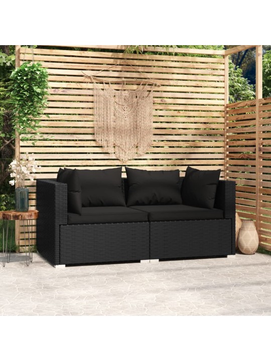 Dvivietė sofa su pagalvėlėmis, juodos spalvos, poliratanas
