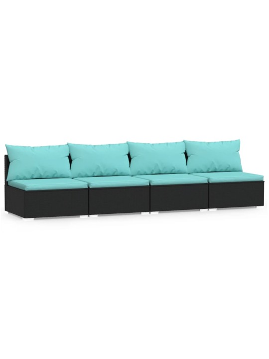Keturvietė sofa su pagalvėlėmis, juoda, poliratanas