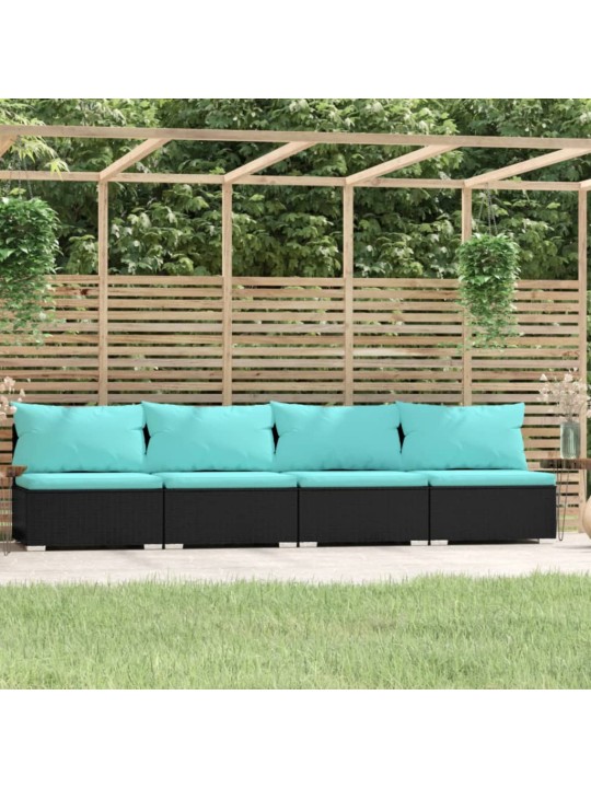 Keturvietė sofa su pagalvėlėmis, juoda, poliratanas