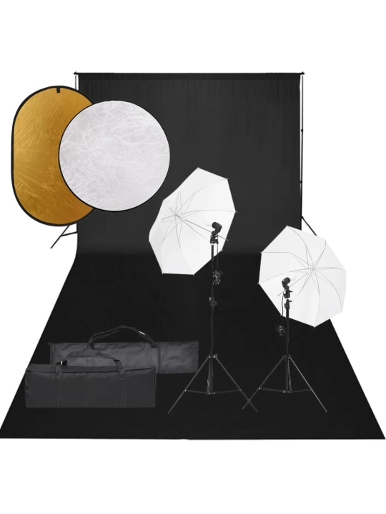 Fotostudijos rinkinys su šviestuvais, fonu ir reflektoriumi
