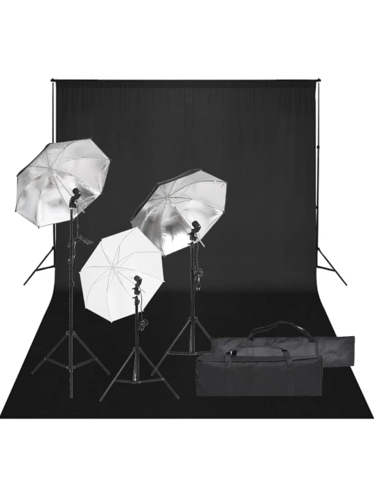 Fotostudijos rinkinys su apšvietimo rinkiniu ir fonu
