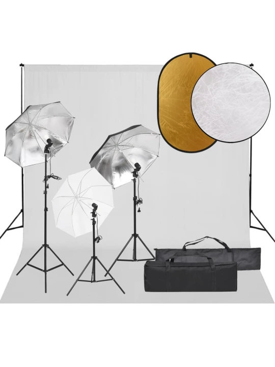 Fotostudijos rinkinys su šviestuvais, fonu ir reflektoriumi