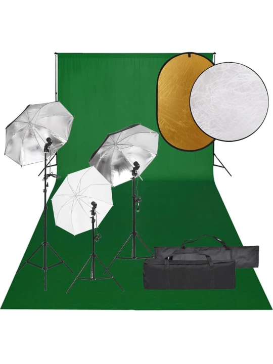 Fotostudijos rinkinys su šviestuvais, fonu ir reflektoriumi