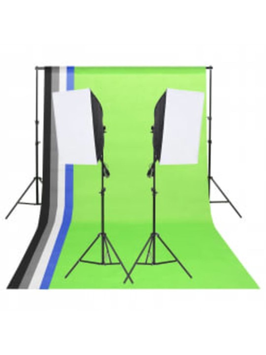 Fotostudijos rinkinys su šviestuvais, fonu ir reflektoriumi