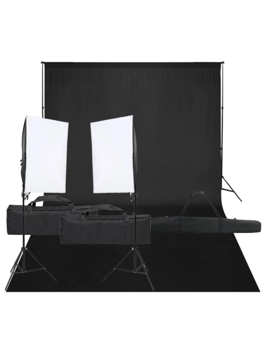 Fotostudijos rinkinys su apšvietimo rinkiniu ir fonu