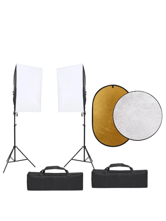 Fotostudijos rinkinys su šviestuvais, fonu ir reflektoriumi