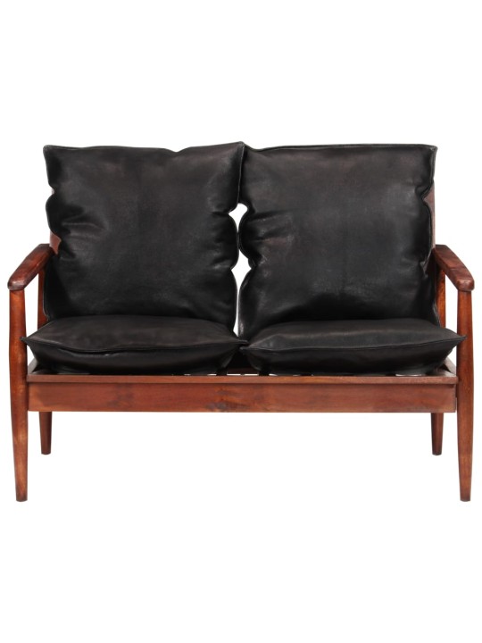 Dvivietė sofa, juodos spalvos, tikra oda ir akacijos masyvas
