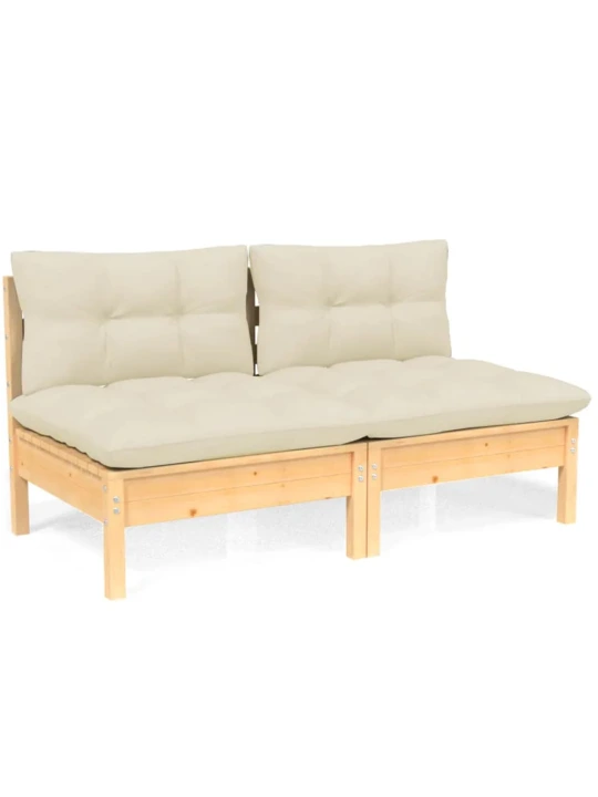Dvivietė sodo sofa su kreminėmis pagalvėlėmis, pušies masyvas