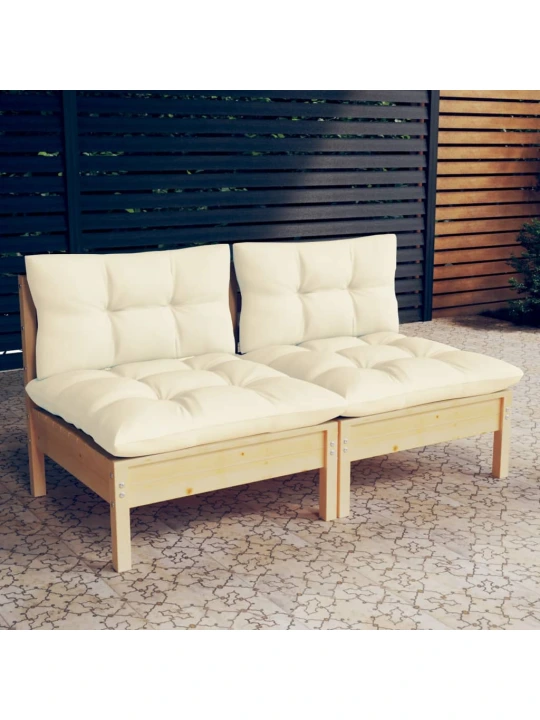 Dvivietė sodo sofa su kreminėmis pagalvėlėmis, pušies masyvas