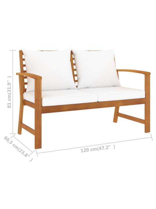 Sodo suoliukas su kreminėm pagalvėlėm, 120cm, akacijos masyvas