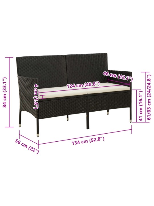 Trivietė sodo sofa su pagalvėlėmis, juodos spalvos, poliratanas