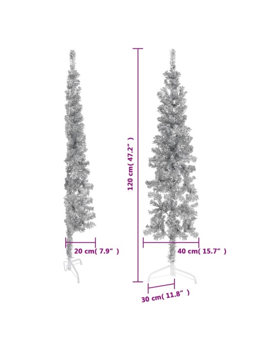 Siaura dirbtinė pusinė Kalėdų eglutė su stovu, sidabrinė, 120cm