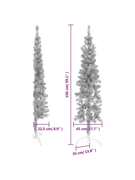 Siaura dirbtinė pusinė Kalėdų eglutė su stovu, sidabrinė, 150cm