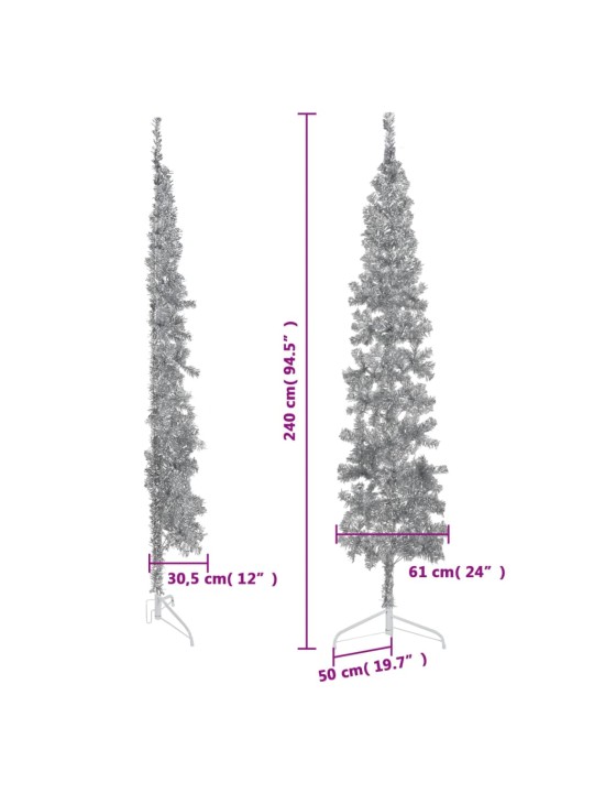Siaura dirbtinė pusinė Kalėdų eglutė su stovu, sidabrinė, 240cm