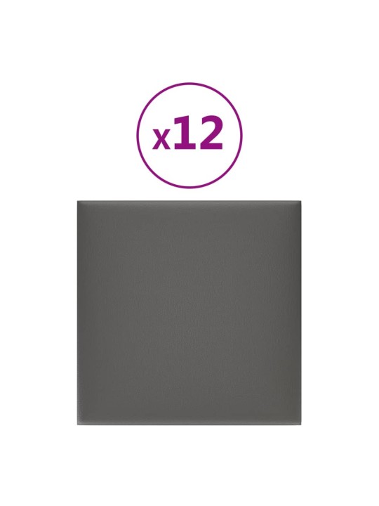 Sienų plokštės, 12vnt., pilkos, 30x30cm, dirbtinė oda, 1,08m²