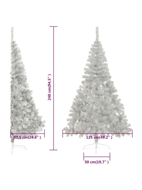 Dirbtinė pusinė Kalėdų eglutė su stovu, sidabrinė, 240cm, PET