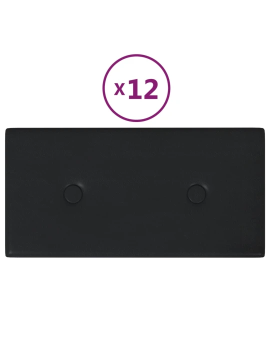 Sienų plokštės, 12vnt., juodos, 30x15cm, dirbtinė oda, 0,54m²