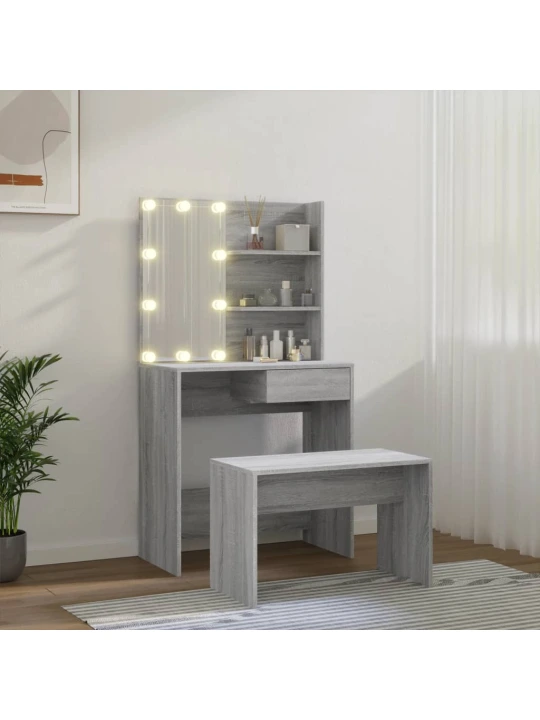Kosmetinio staliuko komplektas su LED, pilkas ąžuolo, mediena