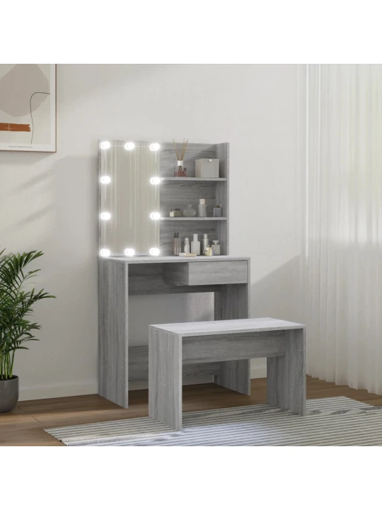 Kosmetinio staliuko komplektas su LED, pilkas ąžuolo, mediena