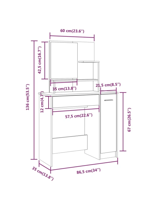 Kosmetinio staliuko komplektas, baltos spalvos, 86,5x35x136cm