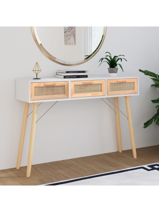 Konsolinis staliukas, baltas, 105x30x75cm, pušis ir ratanas