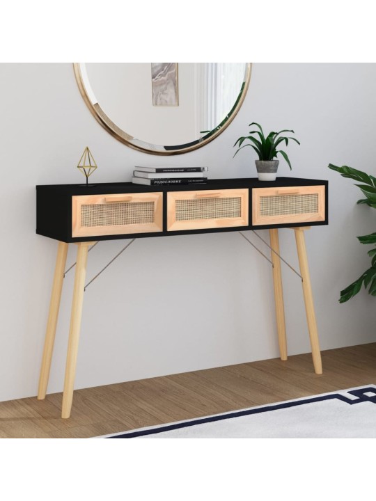 Konsolinis staliukas, juodas, 105x30x75cm, pušis ir ratanas