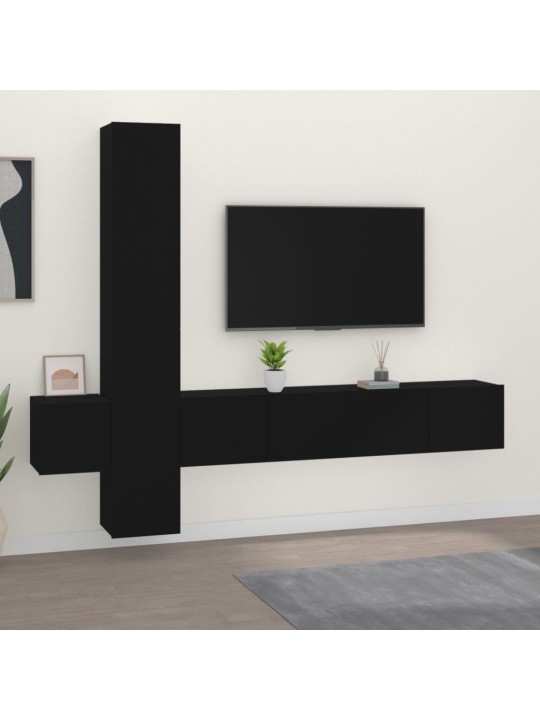Televizoriaus spintelių komplektas, 5 dalių, juodas, mediena
