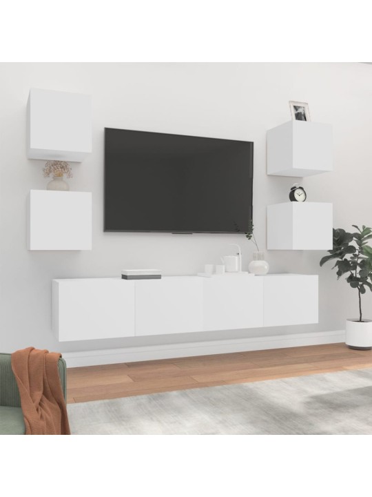 Televizoriaus spintelių komplektas, 6 dalių, baltas, mediena