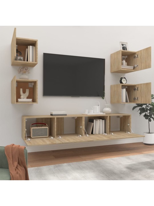 Televizoriaus spintelių komplektas, 6 dalių, ąžuolo, mediena