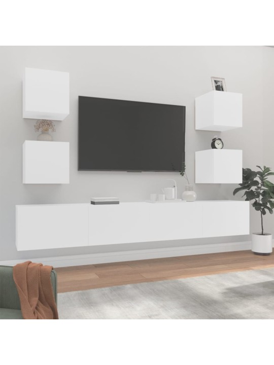Televizoriaus spintelių komplektas, 6 dalių, baltas, mediena