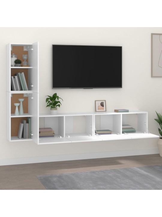 Televizoriaus spintelių komplektas, 4 dalių, baltas, mediena
