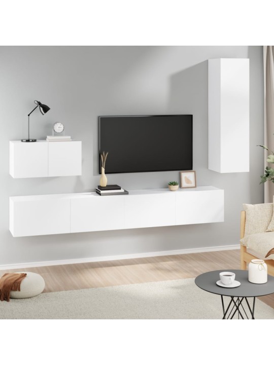 Televizoriaus spintelių komplektas, 4 dalių, baltas, mediena
