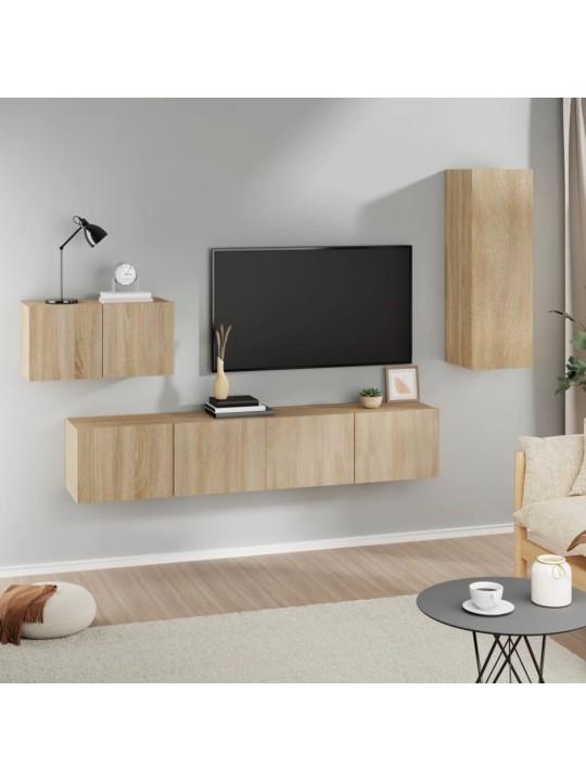 Televizoriaus spintelių komplektas, 4 dalių, ąžuolo, mediena