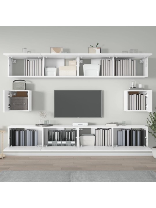 Televizoriaus spintelių komplektas, 6 dalių, baltas, mediena