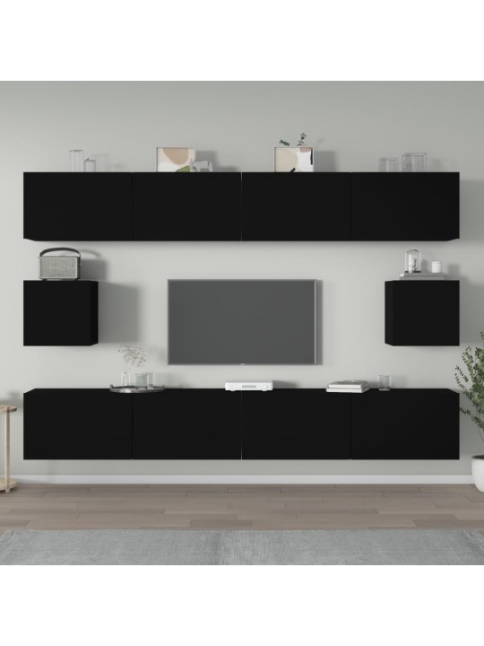 Televizoriaus spintelių komplektas, 6 dalių, juodas, mediena