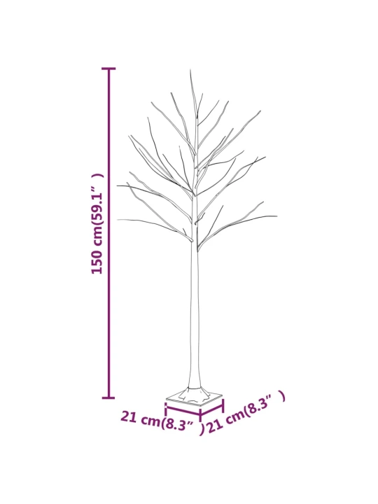 Beržas su 72 šiltomis baltomis LED lemputėmis, 150cm, baltas