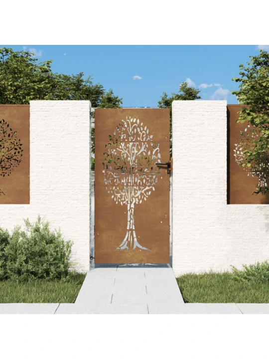 Sodo vartai, 85x200cm, corten plienas, medžio dizaino