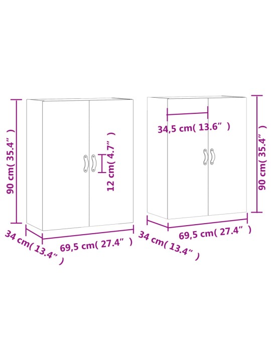 Prie sienos montuojamos spintelės, 2vnt., baltos, 69,5x34x90cm