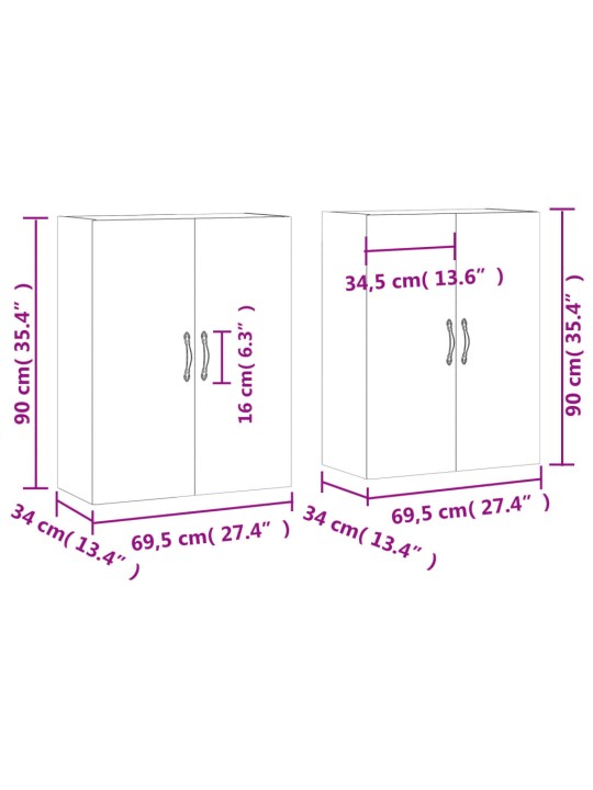 Prie sienos montuojamos spintelės, 2vnt., baltos, 69,5x34x90cm