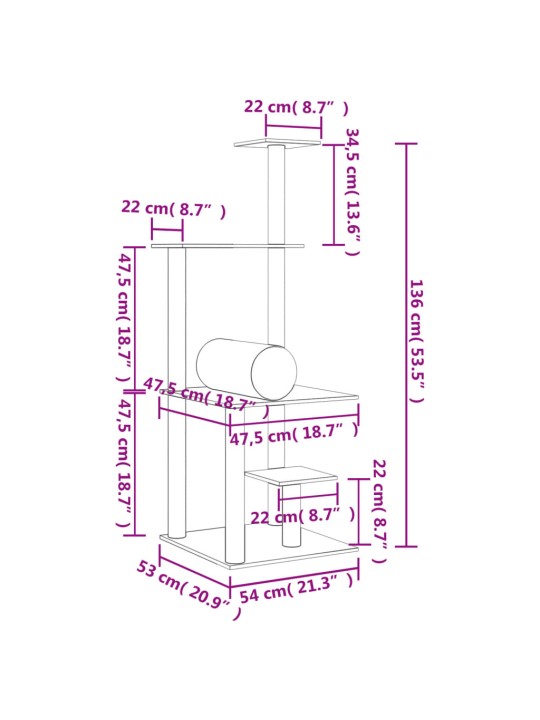 Draskyklė katėms su stovais iš sizalio, kreminės spalvos, 136cm