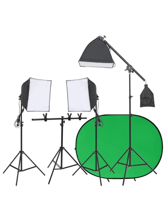 Fotostudijos rinkinys su apšvietimo rinkiniu ir fonu
